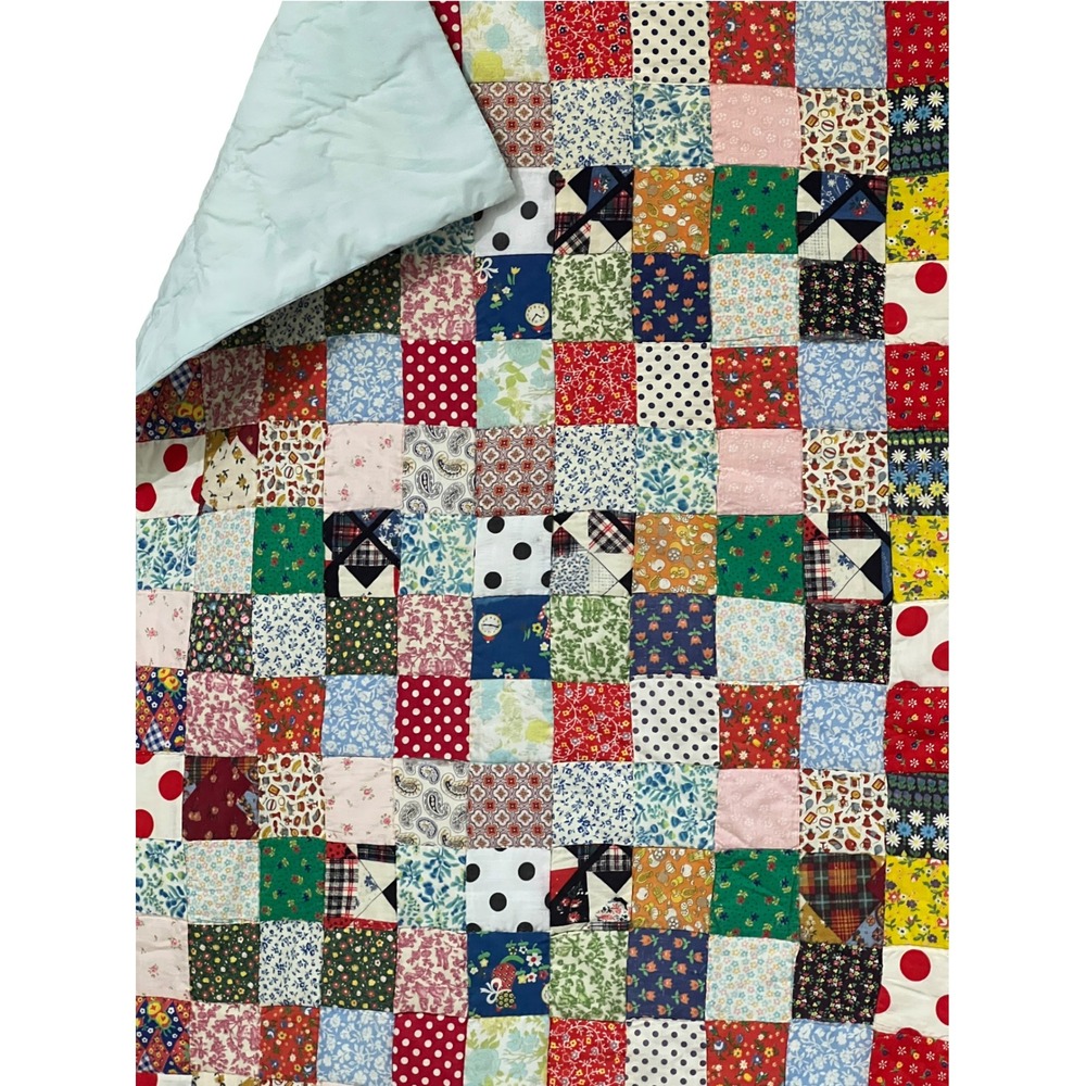 Vintage 1970s Postage Stamp Patchwork Quilt Queen 90x82 Handmade - Picture 4 of 6